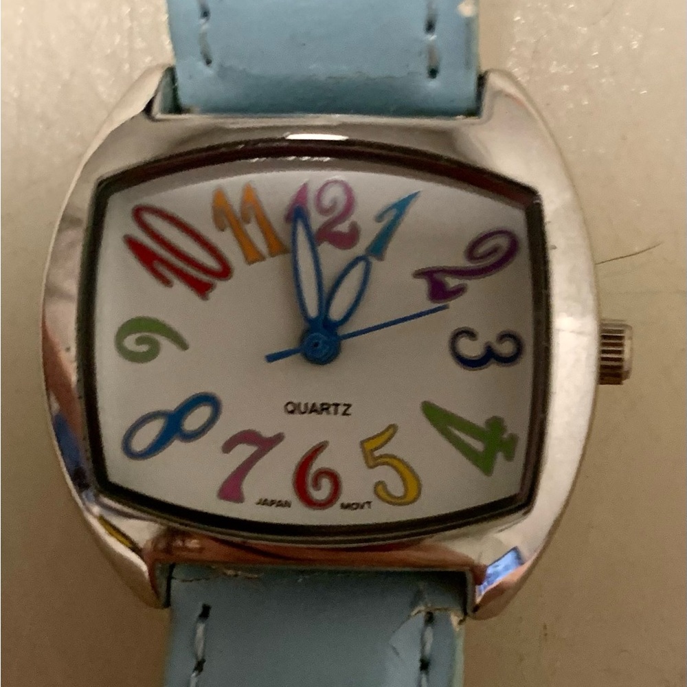 Colorful Number Face Quartz Watch with Light Blue Strap 1990 Seiko